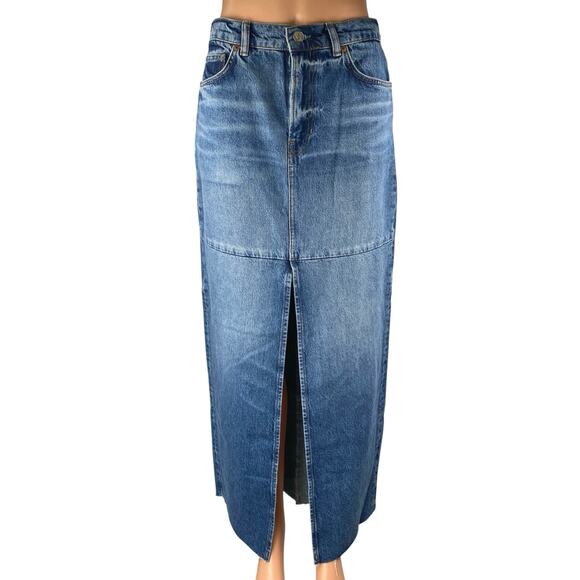 Reformation Tazz Women's Blue Medium Wash High Waisted Slit Maxi Denim Skirt 26 - Picture 1 of 5